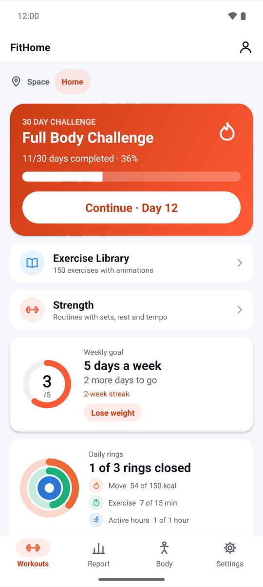 FitHome's Workouts screen with the 30-day Full Body Challenge, a weekly goal ring and daily rings