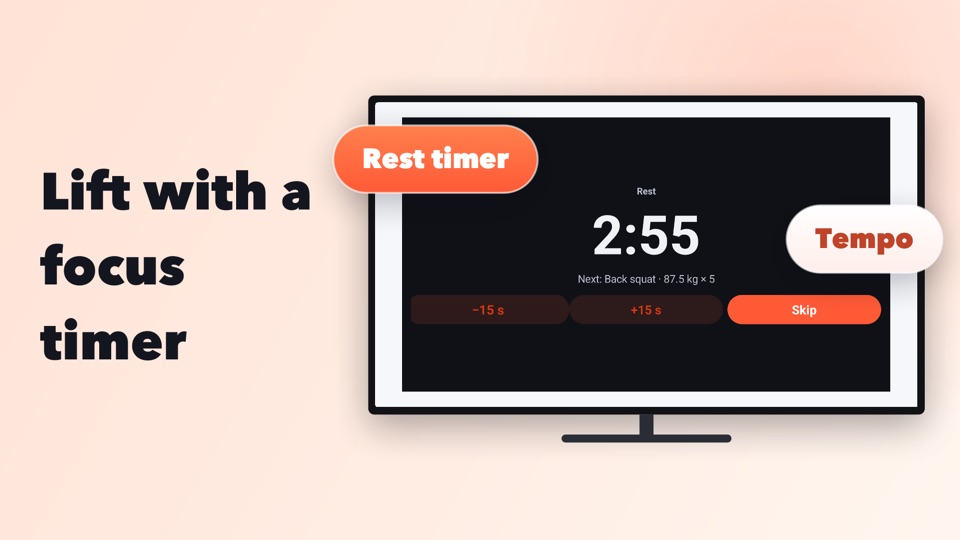 A TV showing FitHome's rest timer at 2:58 with "Next: Back squat · 87.5 kg × 5"