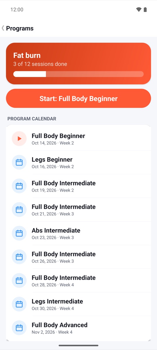 The Programs screen for Fat burn, 3 of 12 sessions done, with a Start Full Body Beginner button and a dated program calendar