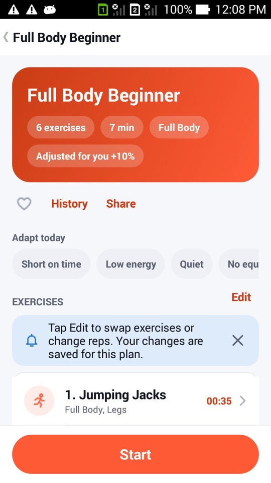 The Full Body Beginner plan page with the label "Adjusted for you +10%" and the Adapt today chips below