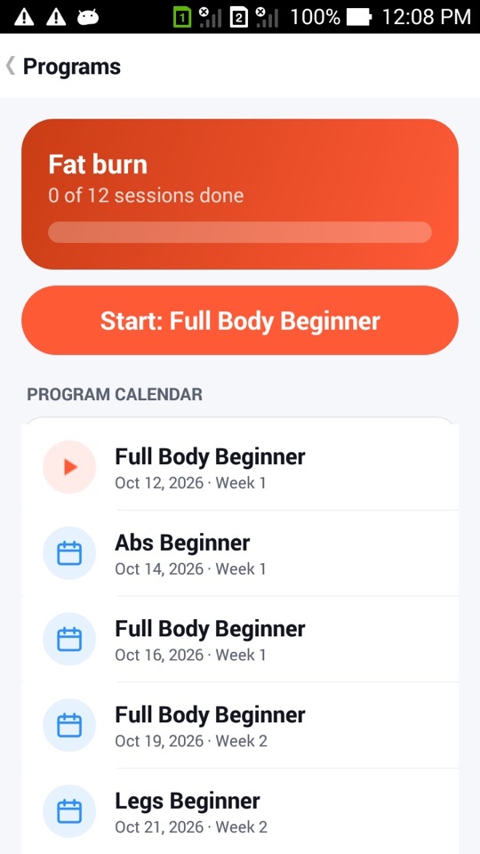 The Programs screen for Fat burn at 0 of 12 sessions with Start: Full Body Beginner and a calendar starting Oct 12, 2026, Week 1