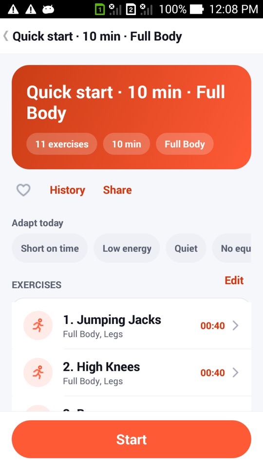 A generated plan titled Quick start · 10 min · Full Body with 11 exercises, the Adapt today chips and a Start button