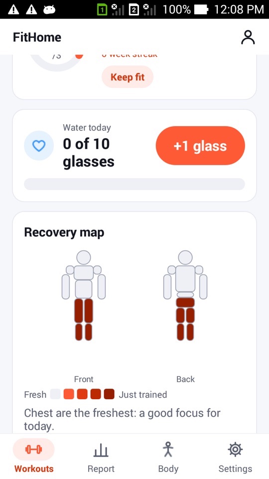 The Recovery map on Home with the legs shaded dark red as just trained and the upper body grey as fresh, plus the suggestion "Chest are the freshest: a good focus for today"