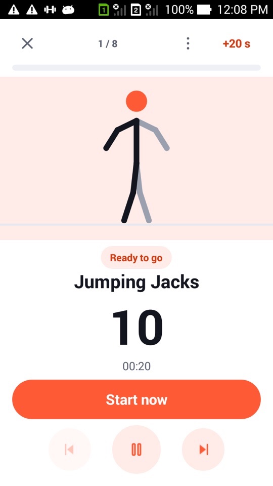 The workout player on an interval timer session, exercise 1 of 8, Jumping Jacks, with "Ready to go" and a 10-second countdown