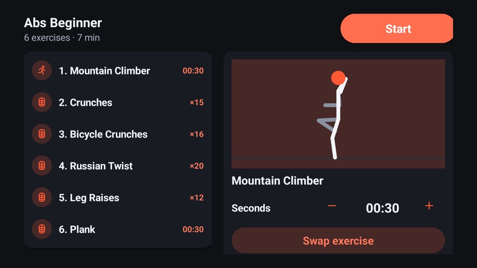 FitHome's TV plan screen for Abs Beginner with the exercise list on the left and a panel for Mountain Climber with a seconds stepper and a Swap exercise button