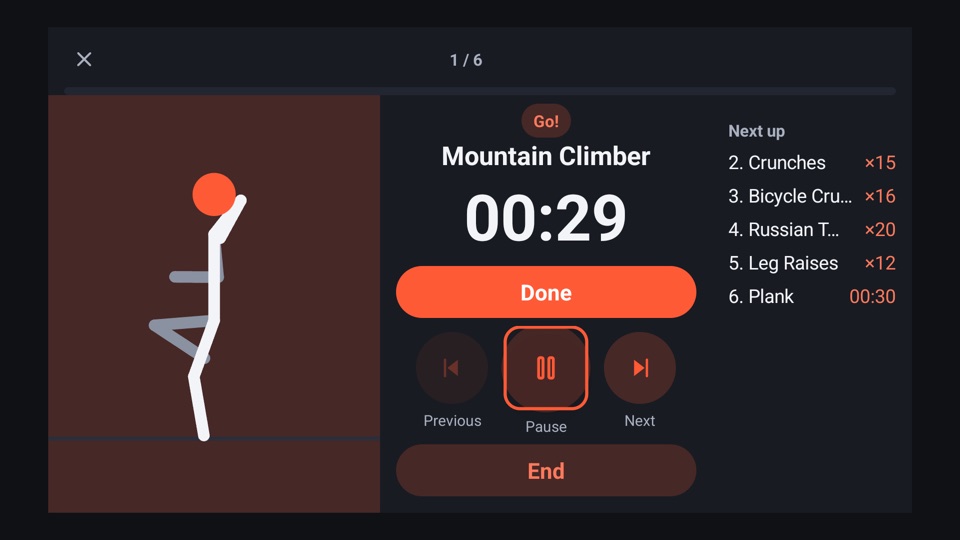 FitHome's TV workout player showing Mountain Climber with a 00:29 timer, the Pause button highlighted and a Next up list on the right