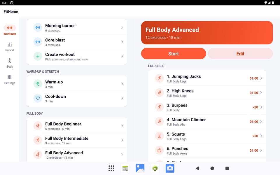 FitHome on a tablet in landscape with the workout list on the left and Full Body Advanced with Start and Edit buttons on the right