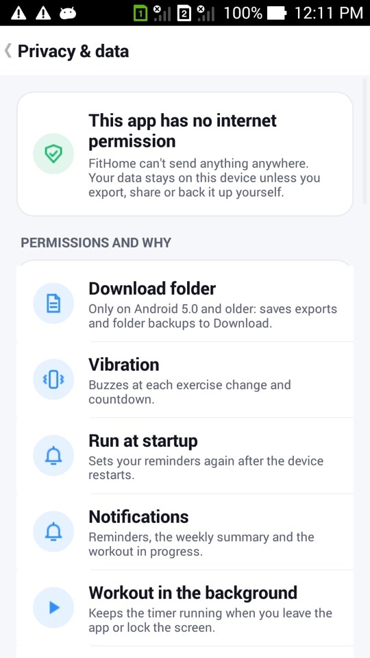 FitHome's Privacy & data screen with the line "This app has no internet permission" at the top
