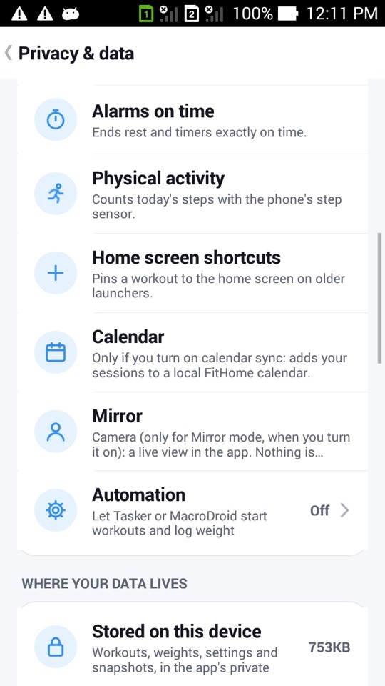 The Privacy & data screen listing permissions such as Physical activity, Calendar, Mirror and Automation, followed by "Stored on this device"