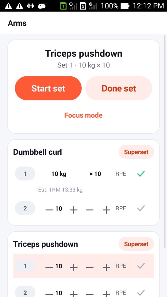 A superset of dumbbell curl and triceps pushdown, each marked "Superset", with Start set and Done set buttons at the top