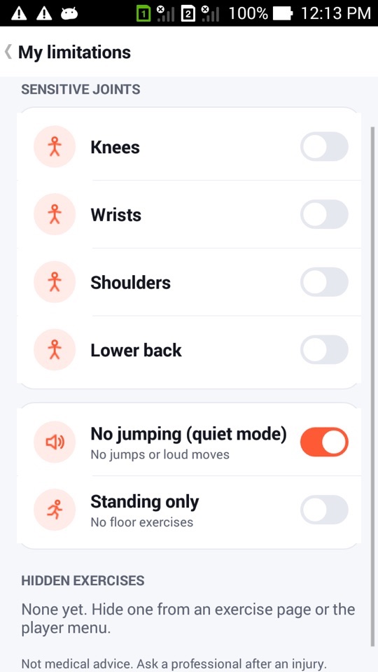 FitHome's My limitations screen with switches for knees, wrists, shoulders and lower back, No jumping (quiet mode) switched on, and Standing only