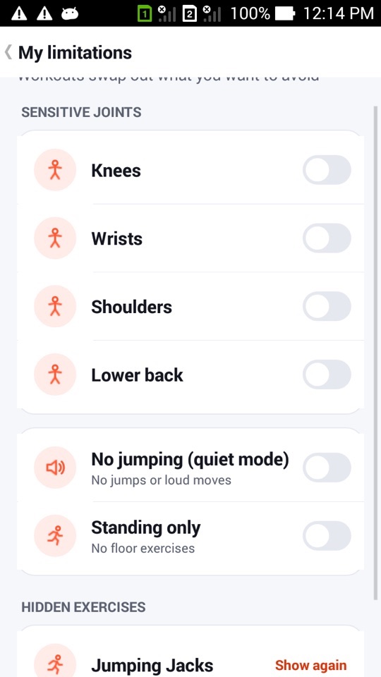 My limitations with all switches off and Jumping Jacks listed under Hidden exercises with a Show again button