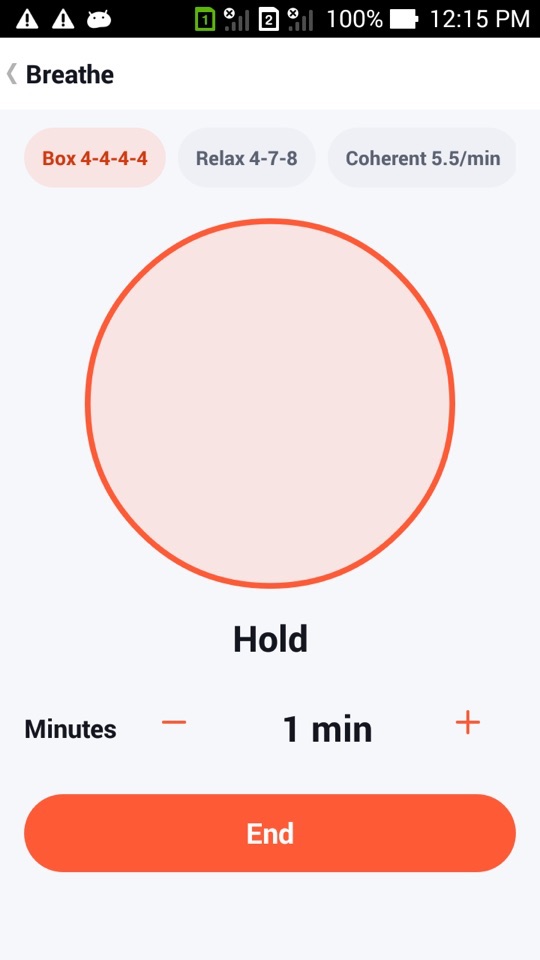 FitHome's Breathe screen with Box 4-4-4-4 selected, a large circle, the word "Hold" and a 1 minute session running