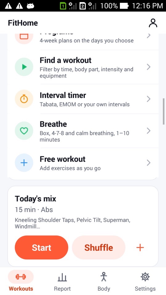 The Workouts tab with the tools list (Programs, Find a workout, Interval timer, Breathe, Free workout) and the Today's mix card for 15 min · Abs with Start, Shuffle and + buttons