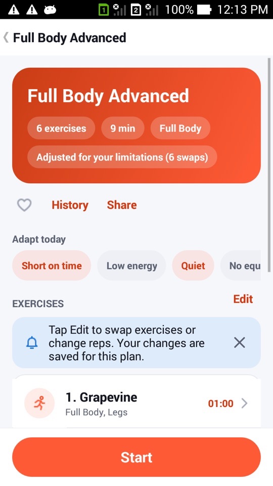 A FitHome plan page with the Adapt today chips Short on time and Quiet selected above the exercise list