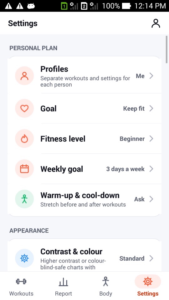 FitHome's Settings tab with Personal plan options and, under Appearance, the Contrast & colour row set to Standard