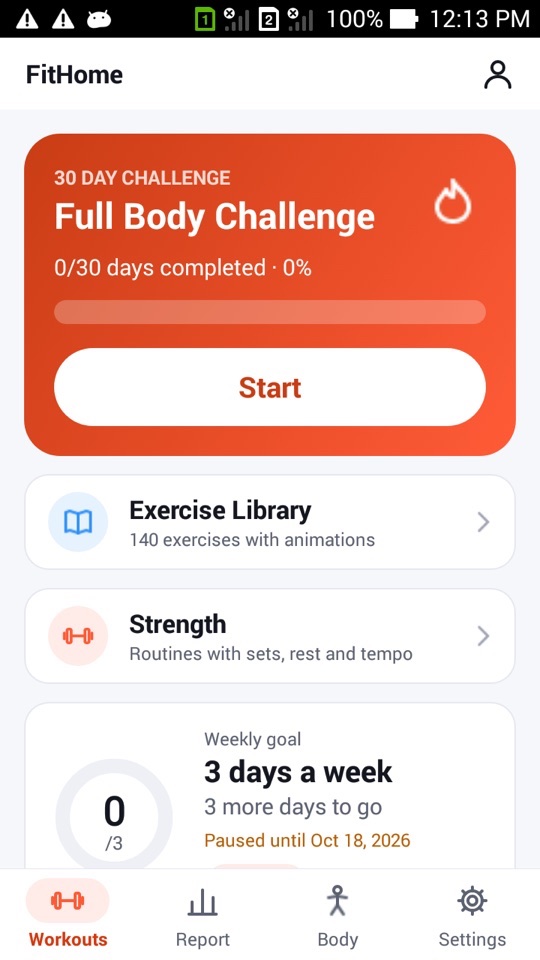 The Workouts tab with the weekly goal ring at 0 of 3 and the line "Paused until Oct 18, 2026"