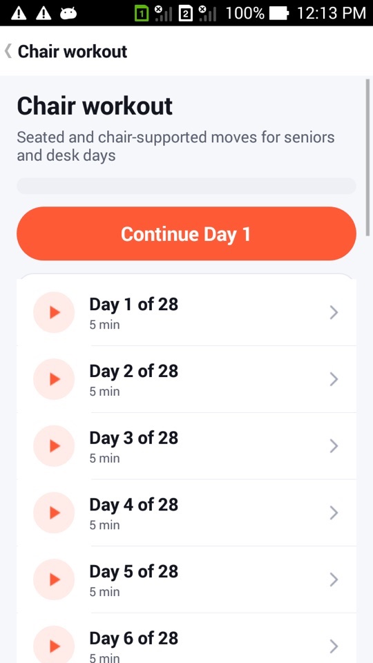 The Chair workout pack with a Continue Day 1 button and a list of days, each 5 minutes long, out of 28