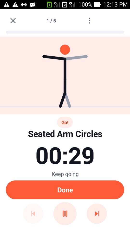 The workout player showing Seated Arm Circles with a stick figure and a 00:29 timer