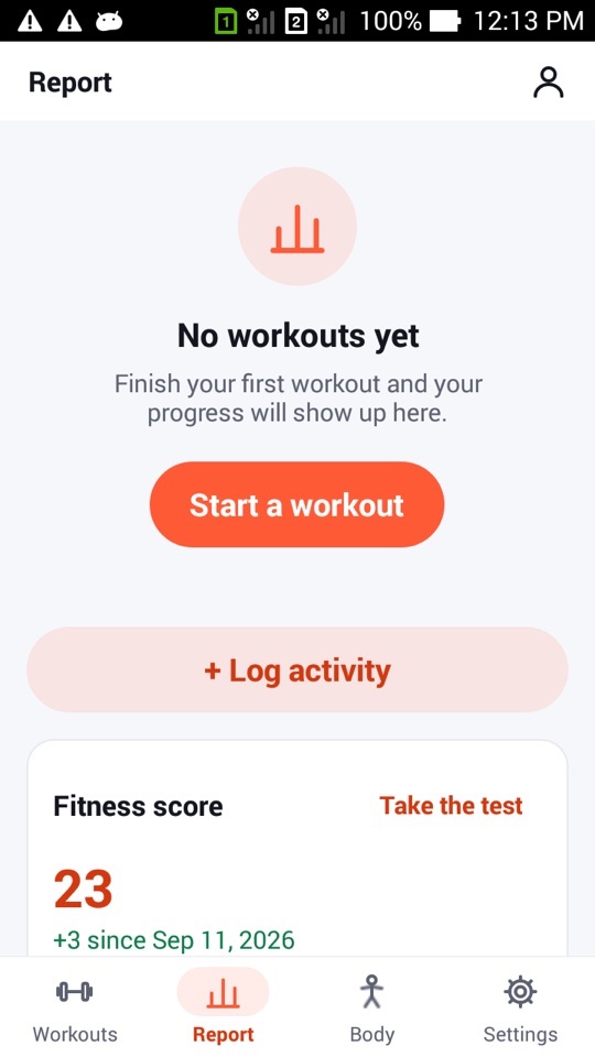 The Report tab with a Log activity button and the Fitness score card showing 23 and +3 since Sep 11, 2026, with a Take the test link
