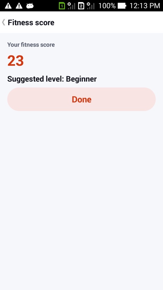 The result screen: Your fitness score 23, Suggested level: Beginner, and a Done button