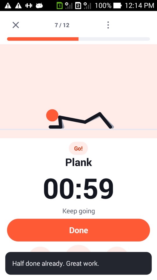 The player at exercise 7 of 12, a plank with 00:59 left, and a message at the bottom saying "Halfway there. Keep it up!"