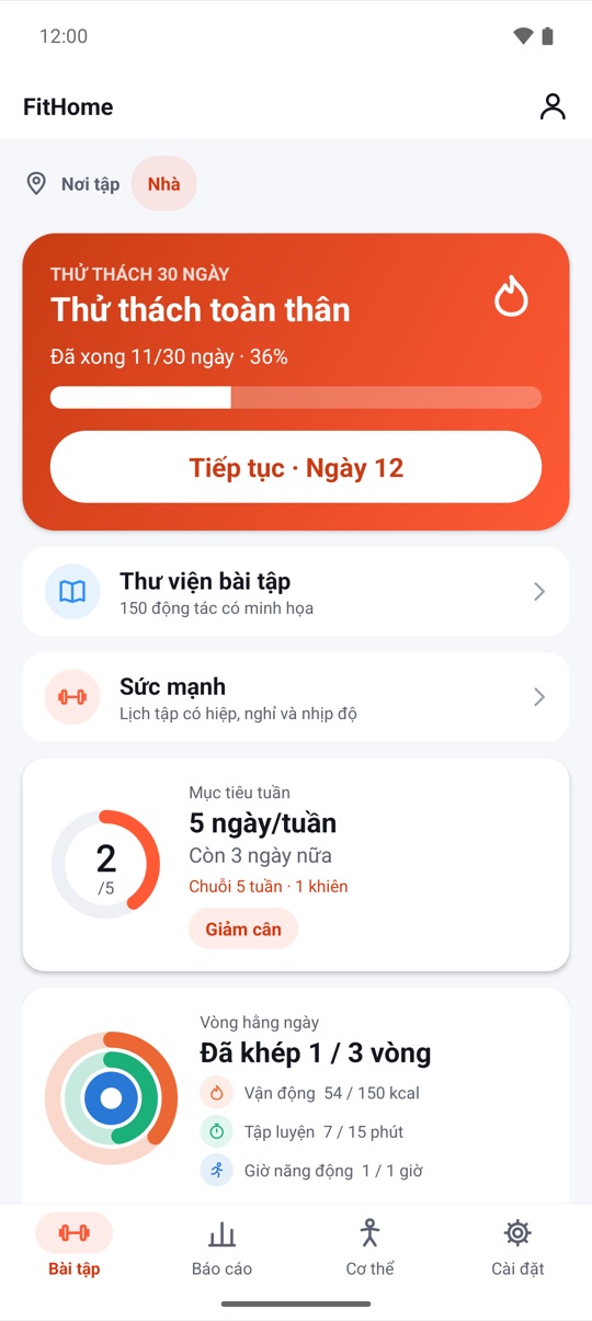 Màn Bài tập của FitHome với Thử thách toàn thân 30 ngày, vòng mục tiêu tuần và các vòng mỗi ngày