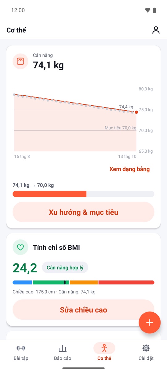 Màn Cơ thể với biểu đồ cân nặng, mục tiêu 70 kg và chỉ số BMI 24,2